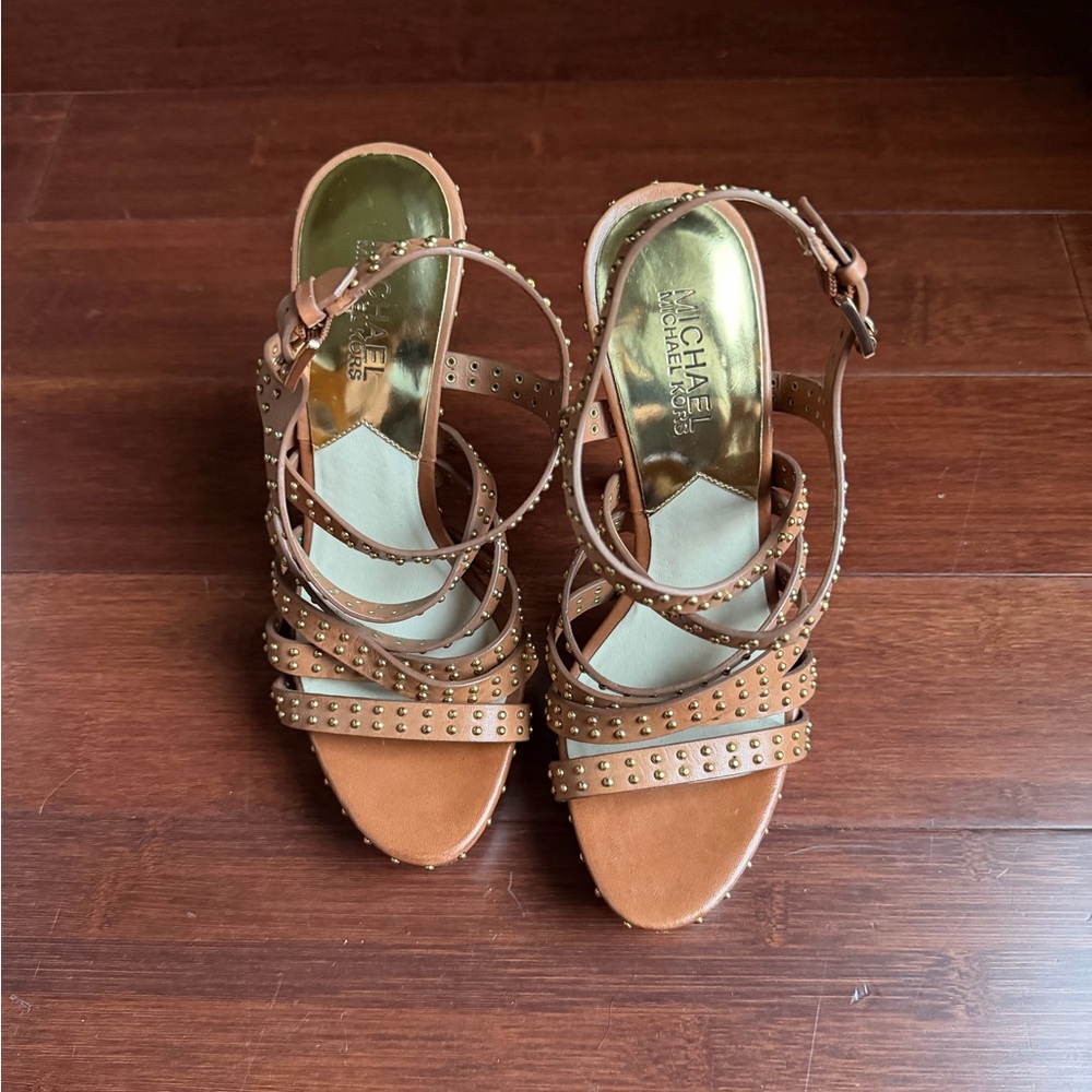 Michael Kors Studded Tan Strappy High Heel Sandals - Picture 3 of 7